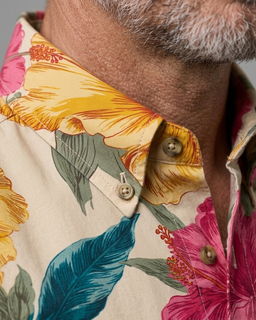 Men's Beige Regular Fit Tropical Vacation Hibiscus Floral Print Short Sleeve Button-down Shirt