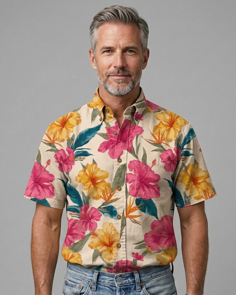 Men's Beige Regular Fit Tropical Vacation Hibiscus Floral Print Short Sleeve Button-down Shirt