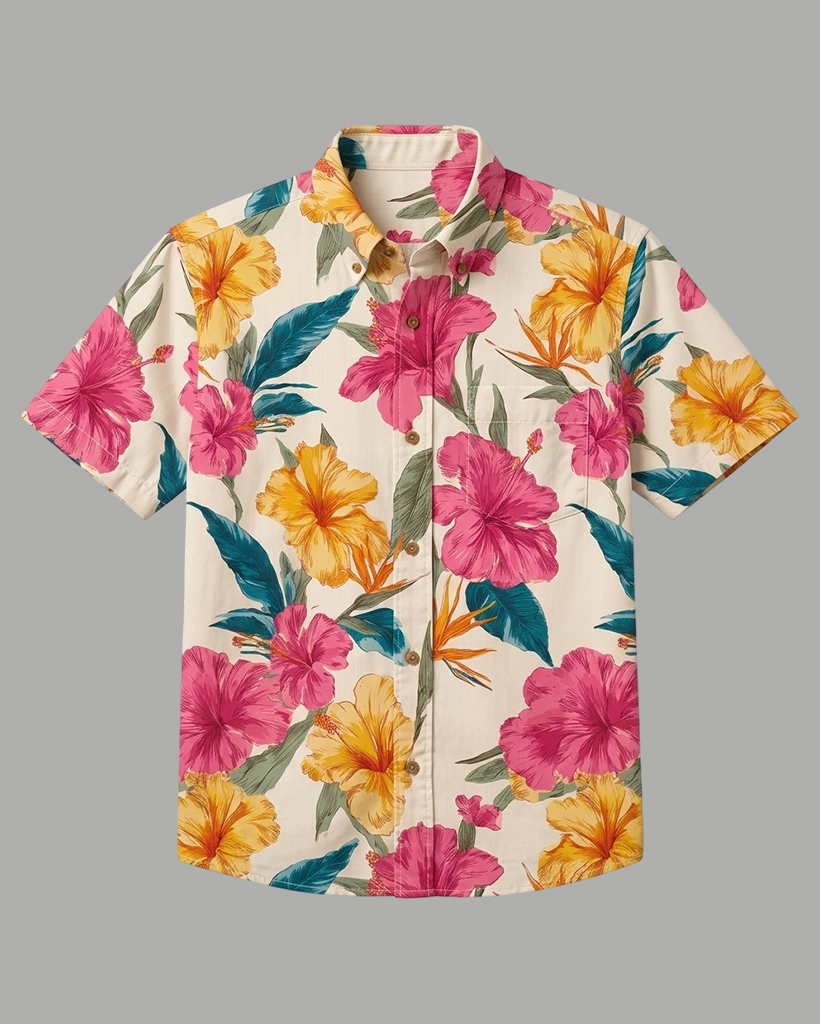 Men's Beige Regular Fit Tropical Vacation Hibiscus Floral Print Short Sleeve Button-down Shirt