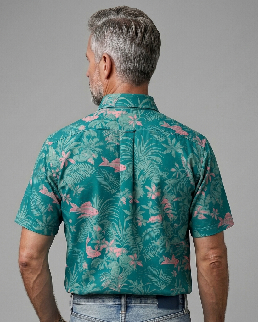 Men's Teal Regular Fit Tropical Aloha Koi Fish & Palm Leaf Print Short Sleeve Button-down Shirt