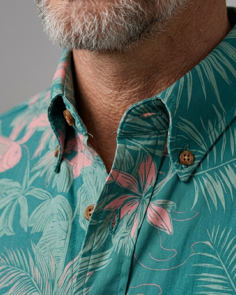 Men's Teal Regular Fit Tropical Aloha Koi Fish & Palm Leaf Print Short Sleeve Button-down Shirt