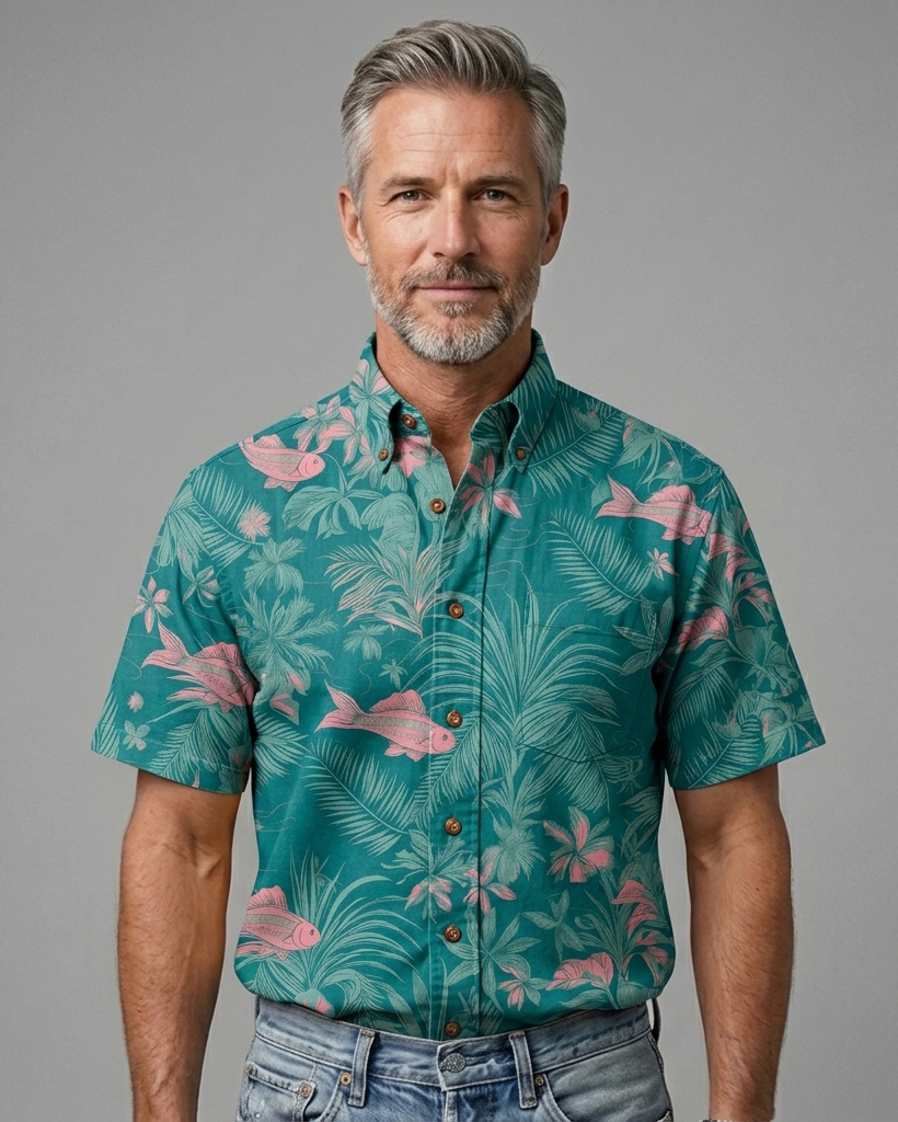 Men's Teal Regular Fit Tropical Aloha Koi Fish & Palm Leaf Print Short Sleeve Button-down Shirt