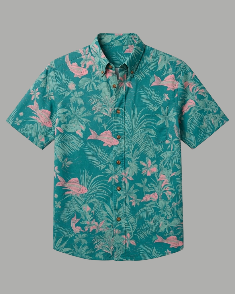 Men's Teal Regular Fit Tropical Aloha Koi Fish & Palm Leaf Print Short Sleeve Button-down Shirt