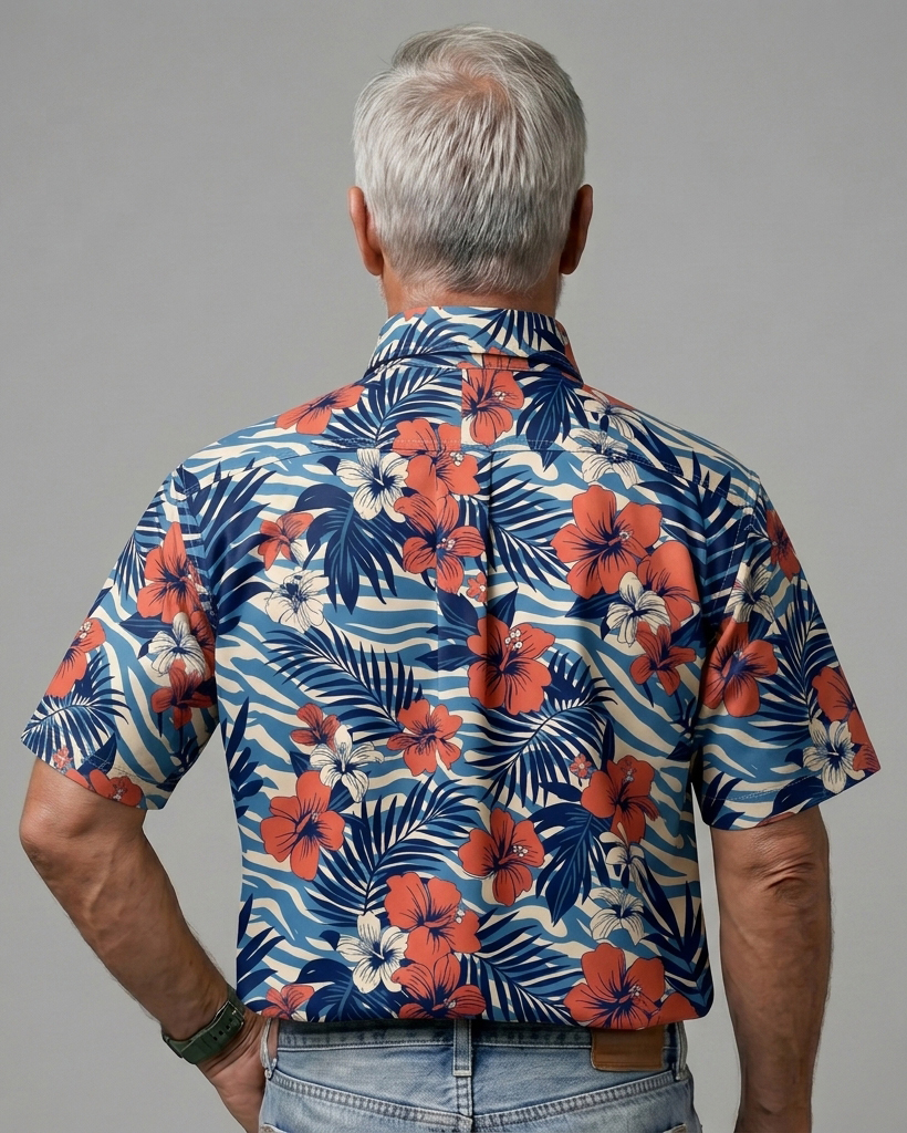Men's Blue Base Regular Fit Aloha Tropical Hibiscus & Palm Leaf Print Short Sleeve Button-down Shirt