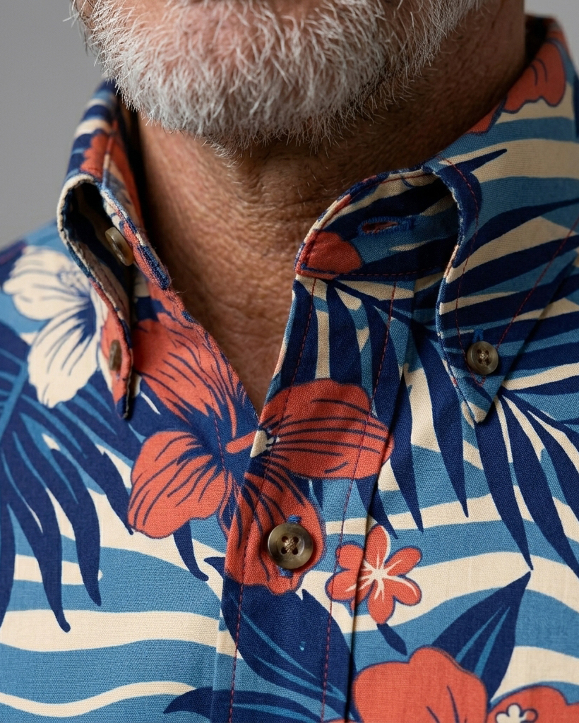 Men's Blue Base Regular Fit Aloha Tropical Hibiscus & Palm Leaf Print Short Sleeve Button-down Shirt