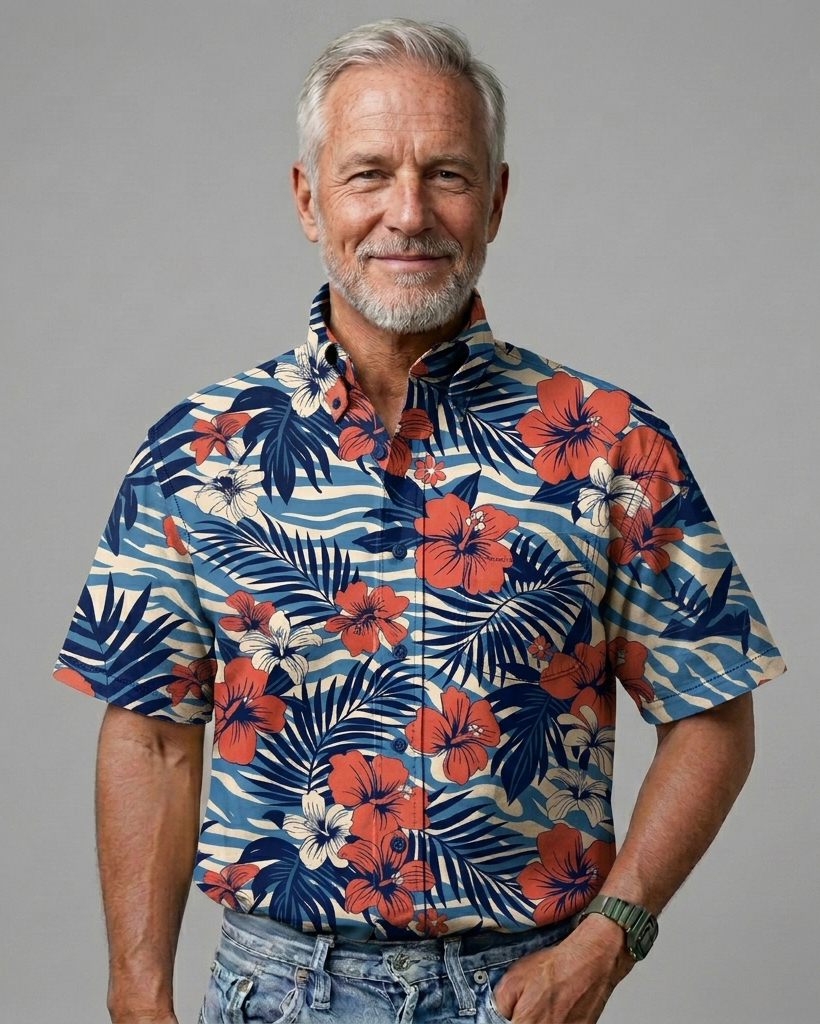 Men's Blue Base Regular Fit Aloha Tropical Hibiscus & Palm Leaf Print Short Sleeve Button-down Shirt