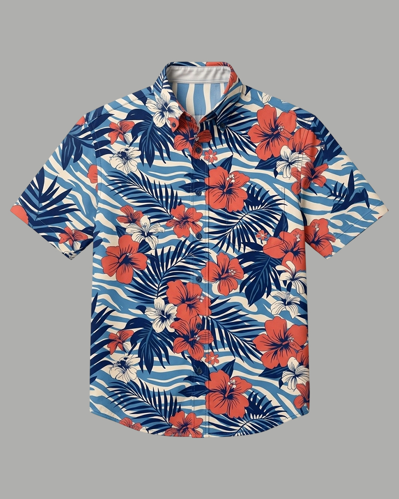 Men's Blue Base Regular Fit Aloha Tropical Hibiscus & Palm Leaf Print Short Sleeve Button-down Shirt