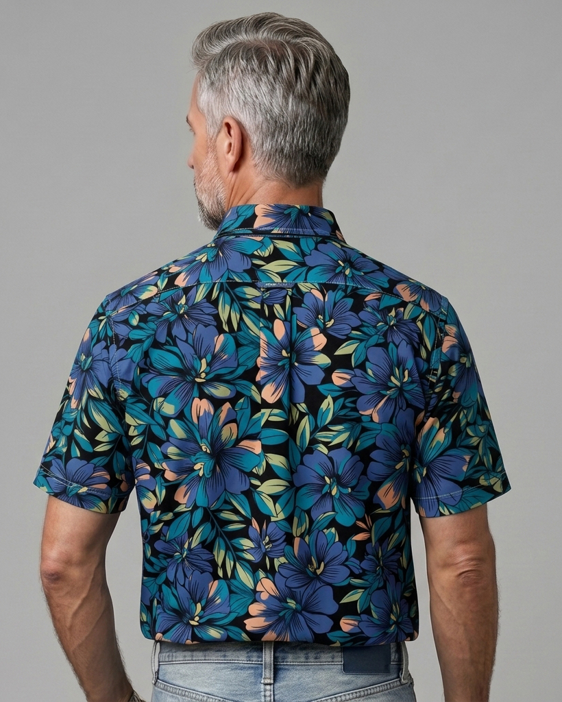 Men's Black Regular Fit Aloha Tropical Blue Floral & Leaf Print Short Sleeve Button-down Shirt