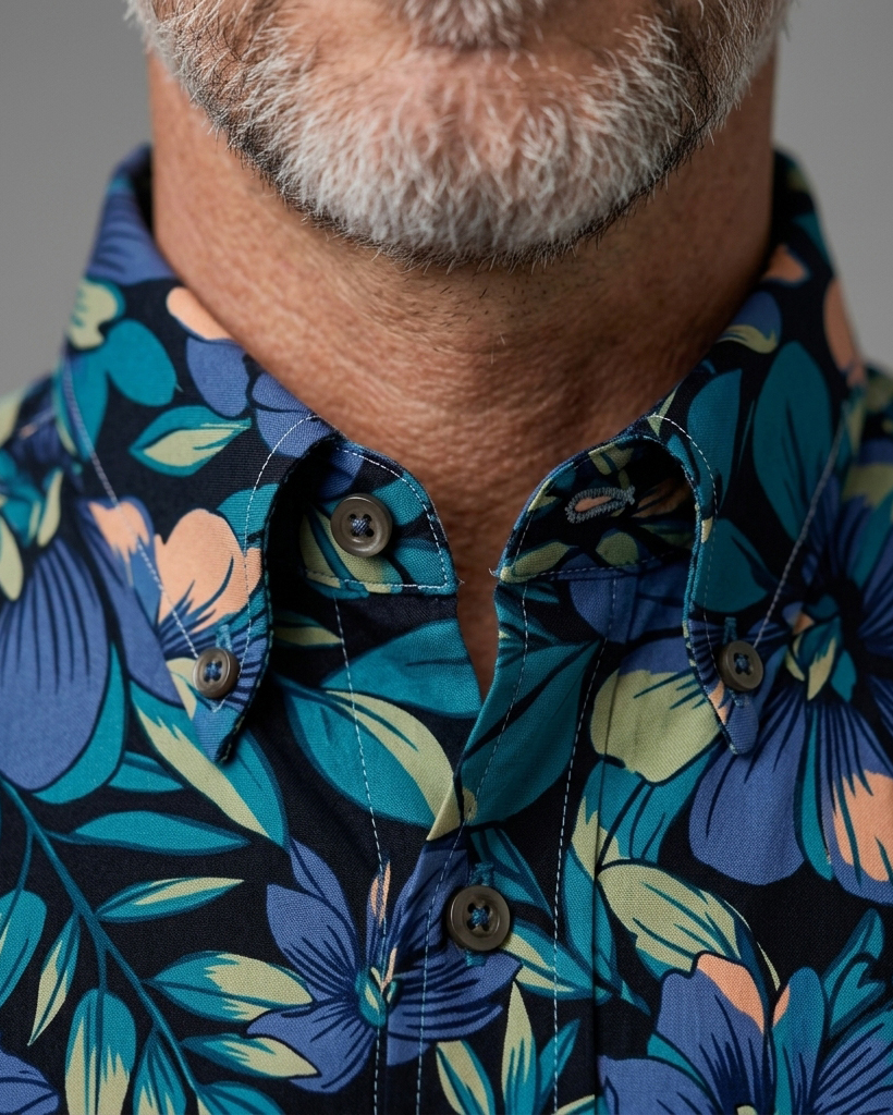 Men's Black Regular Fit Aloha Tropical Blue Floral & Leaf Print Short Sleeve Button-down Shirt