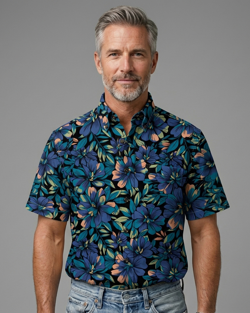 Men's Black Regular Fit Aloha Tropical Blue Floral & Leaf Print Short Sleeve Button-down Shirt