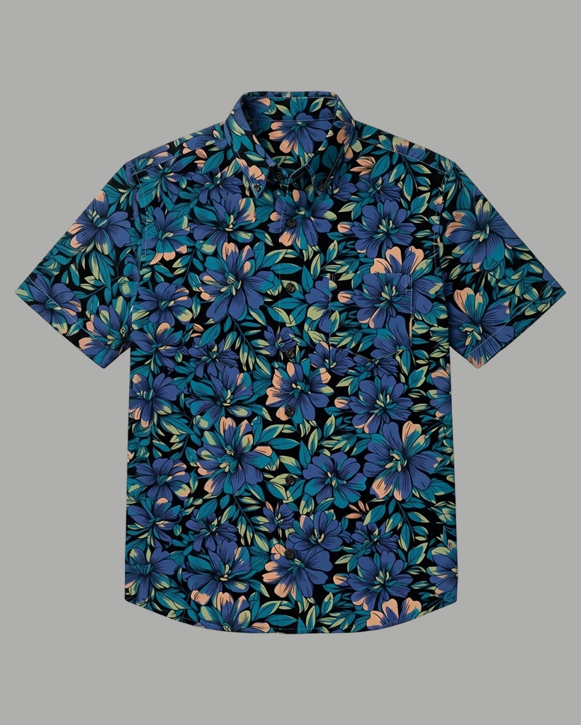 Men's Black Regular Fit Aloha Tropical Blue Floral & Leaf Print Short Sleeve Button-down Shirt