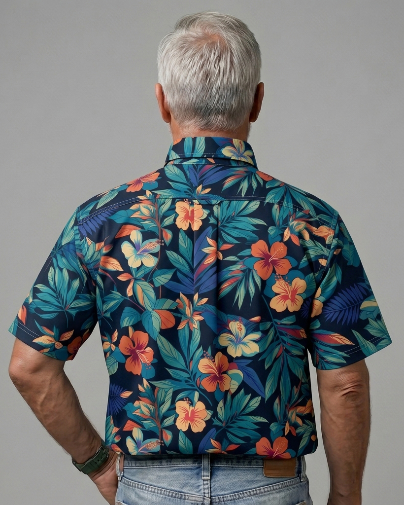 Men's Navy Regular Fit Aloha Tropical Multicolor Hibiscus & Palm Leaf Print Short Sleeve Button-down Shirt