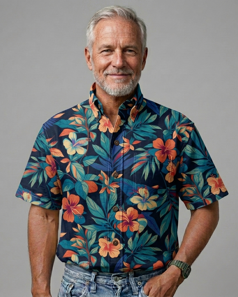 Men's Navy Regular Fit Aloha Tropical Multicolor Hibiscus & Palm Leaf Print Short Sleeve Button-down Shirt