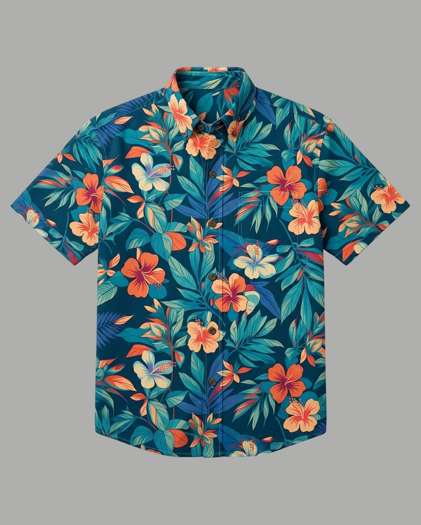 Men's Navy Regular Fit Aloha Tropical Multicolor Hibiscus & Palm Leaf Print Short Sleeve Button-down Shirt