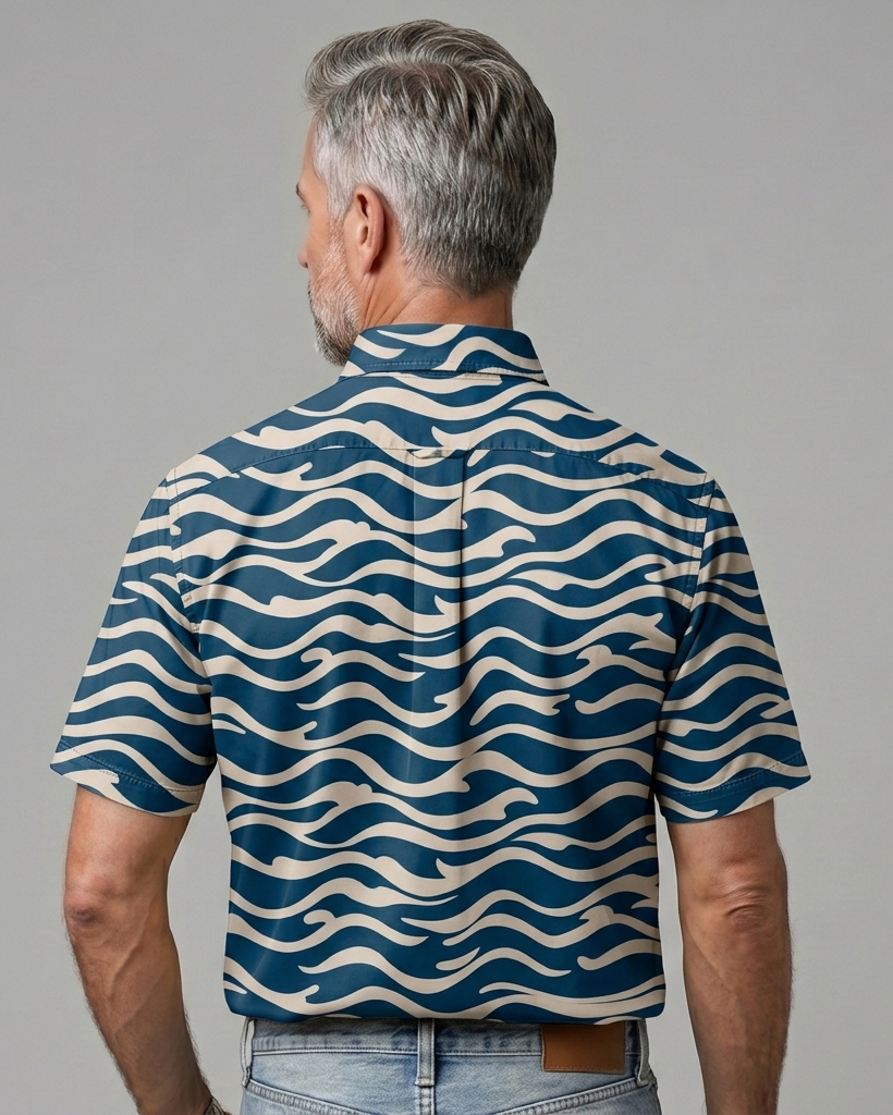 Men's Teal Beige Regular Fit Nautical Style Wave Print Short Sleeve Button-down Shirt