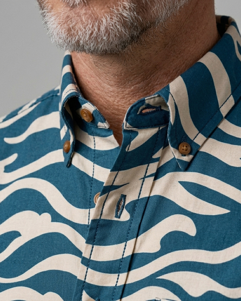 Men's Teal Beige Regular Fit Nautical Style Wave Print Short Sleeve Button-down Shirt
