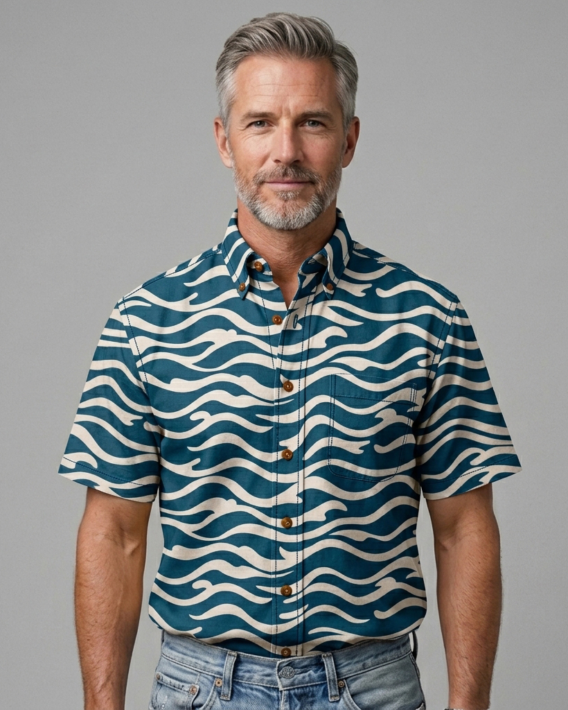 Men's Teal Beige Regular Fit Nautical Style Wave Print Short Sleeve Button-down Shirt