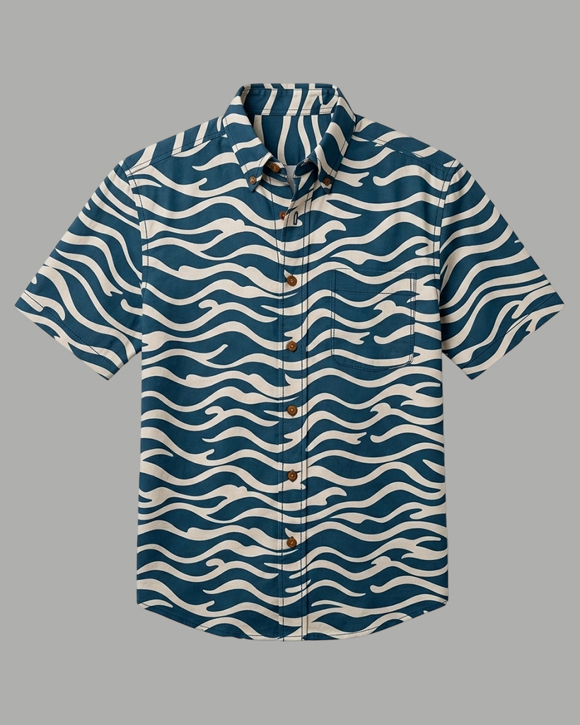 Men's Teal Beige Regular Fit Nautical Style Wave Print Short Sleeve Button-down Shirt