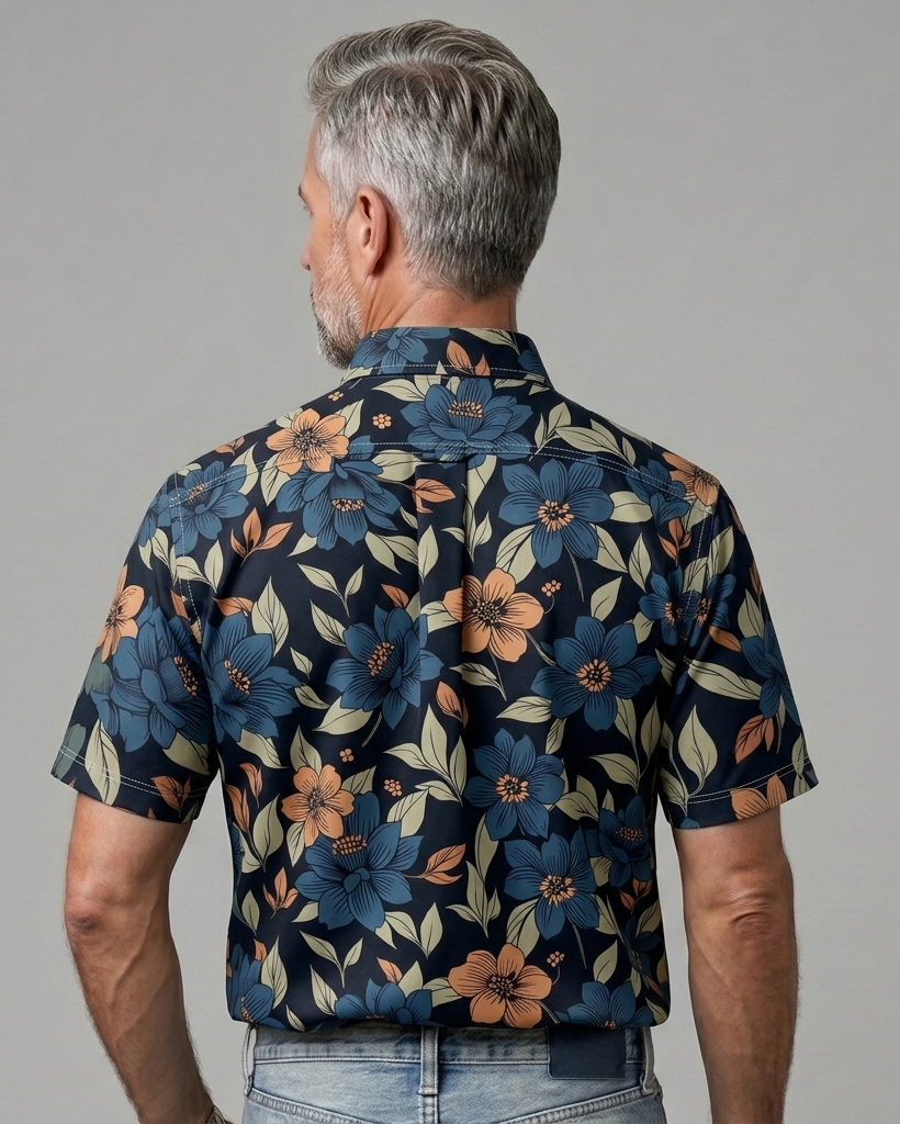 Men's Navy Regular Fit Retro Style Blue & Peach Floral with Olive Leaf Print Short Sleeve Button-down Shirt