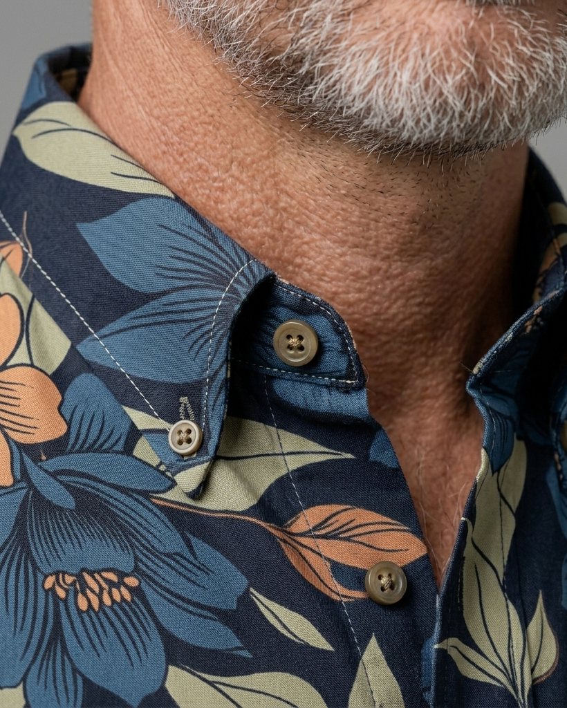 Men's Navy Regular Fit Retro Style Blue & Peach Floral with Olive Leaf Print Short Sleeve Button-down Shirt