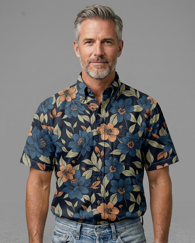Men's Navy Regular Fit Retro Style Blue & Peach Floral with Olive Leaf Print Short Sleeve Button-down Shirt