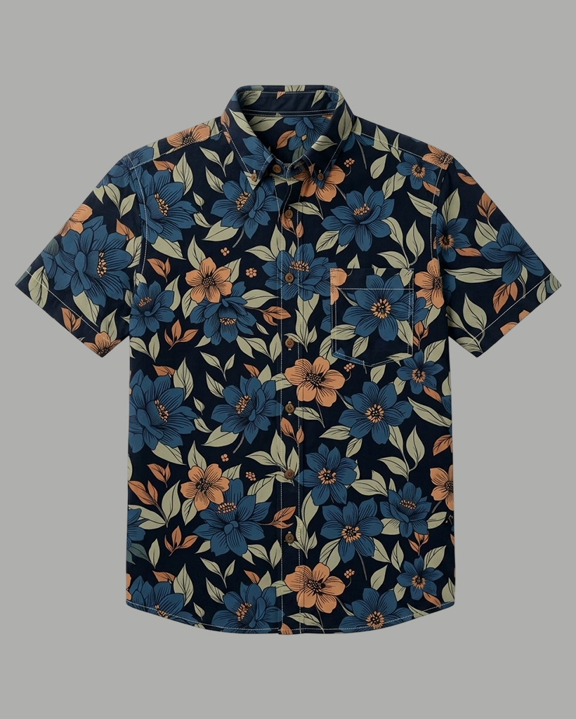 Men's Navy Regular Fit Retro Style Blue & Peach Floral with Olive Leaf Print Short Sleeve Button-down Shirt