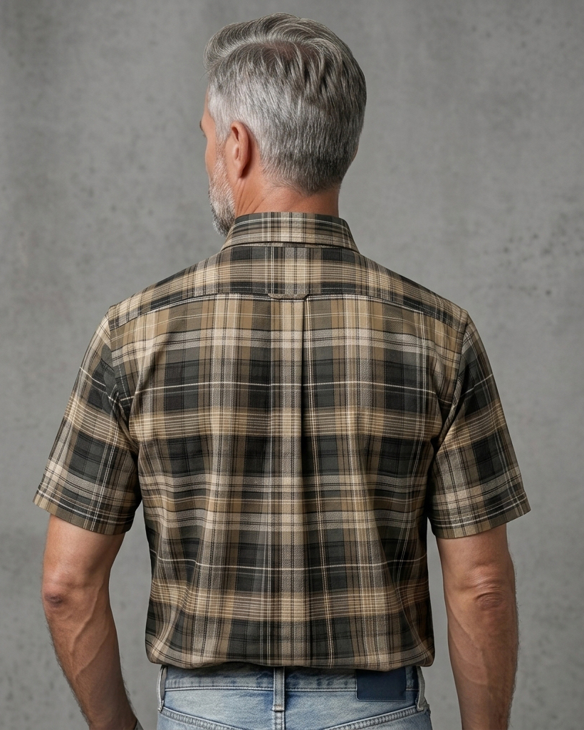 Men's Khaki Black Regular Fit Vintage Style Earth Tone Plaid Print Short Sleeve Button-down Shirt