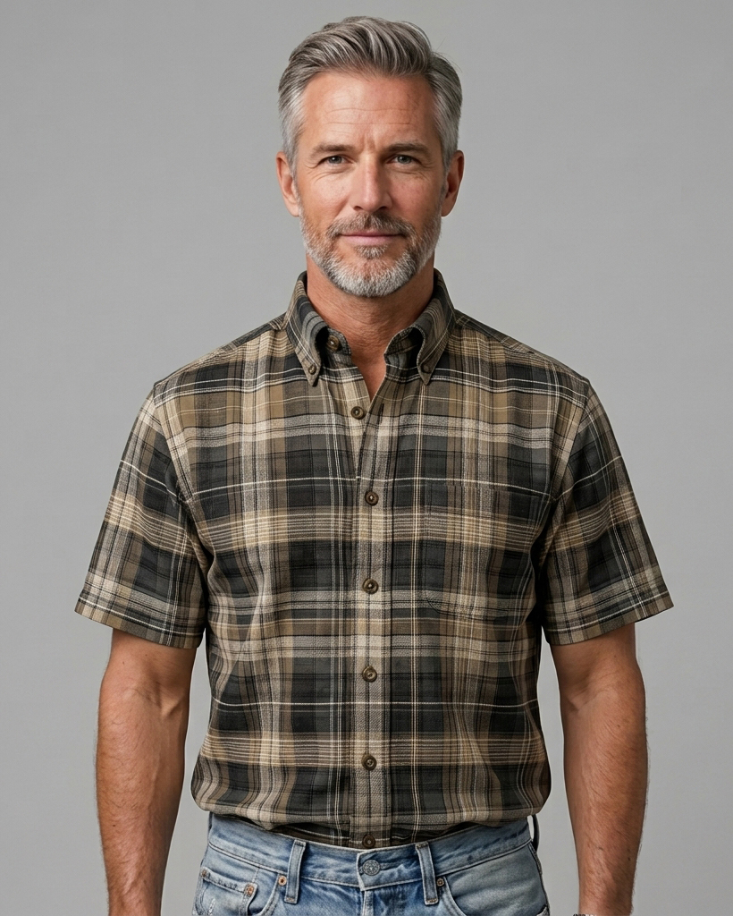 Men's Khaki Black Regular Fit Vintage Style Earth Tone Plaid Print Short Sleeve Button-down Shirt