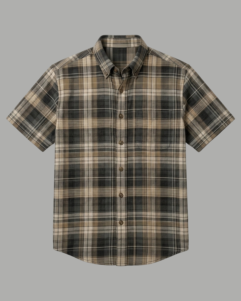 Men's Khaki Black Regular Fit Vintage Style Earth Tone Plaid Print Short Sleeve Button-down Shirt