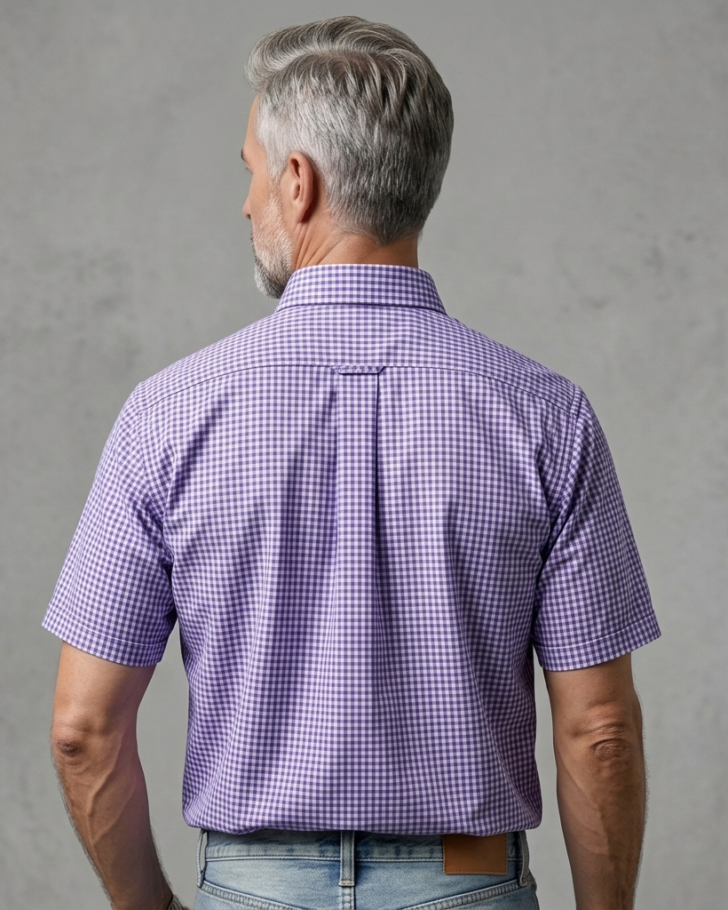 Men's Purple White Regular Fit Casual Style Gingham Check Print Short Sleeve Button-down Shirt