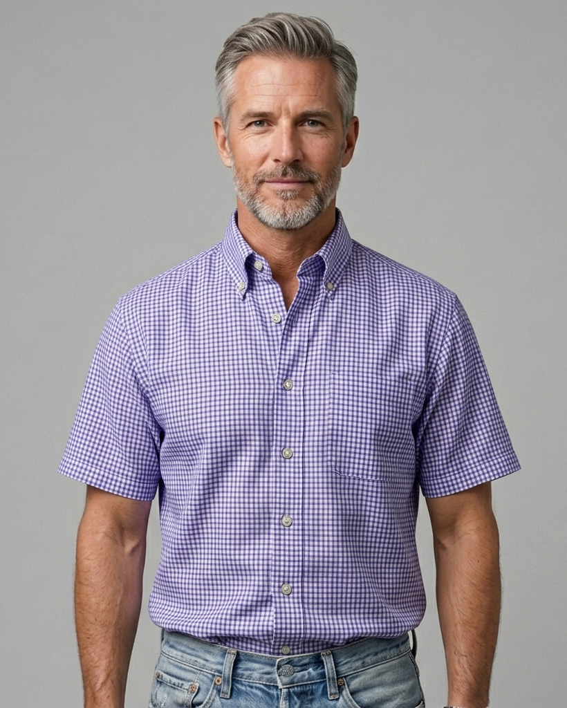 Men's Purple White Regular Fit Casual Style Gingham Check Print Short Sleeve Button-down Shirt
