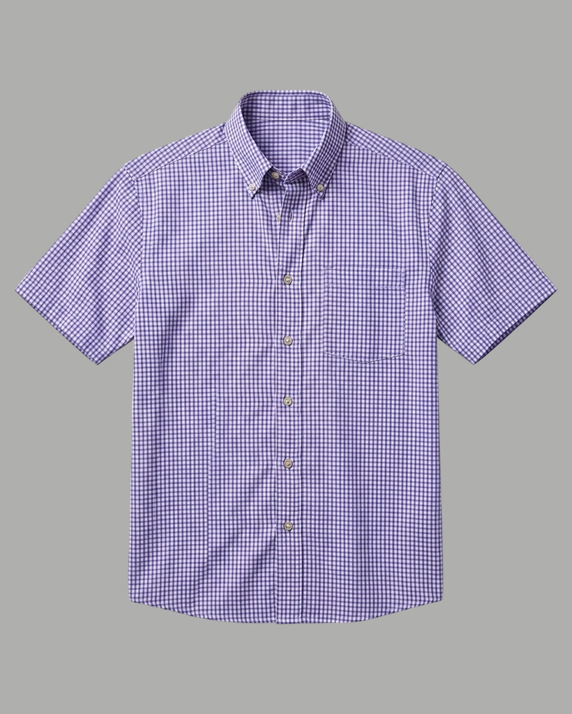 Men's Purple White Regular Fit Casual Style Gingham Check Print Short Sleeve Button-down Shirt