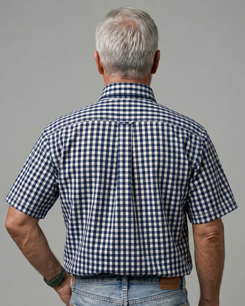 Men's Navy White Regular Fit Preppy Style Gingham Check Print Short Sleeve Button-down Shirt