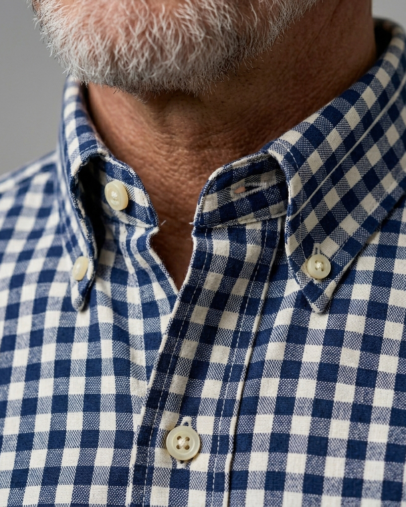 Men's Navy White Regular Fit Preppy Style Gingham Check Print Short Sleeve Button-down Shirt