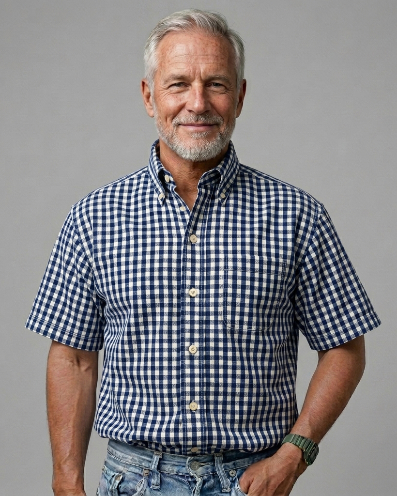 Men's Navy White Regular Fit Preppy Style Gingham Check Print Short Sleeve Button-down Shirt