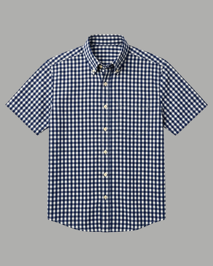 Men's Navy White Regular Fit Preppy Style Gingham Check Print Short Sleeve Button-down Shirt