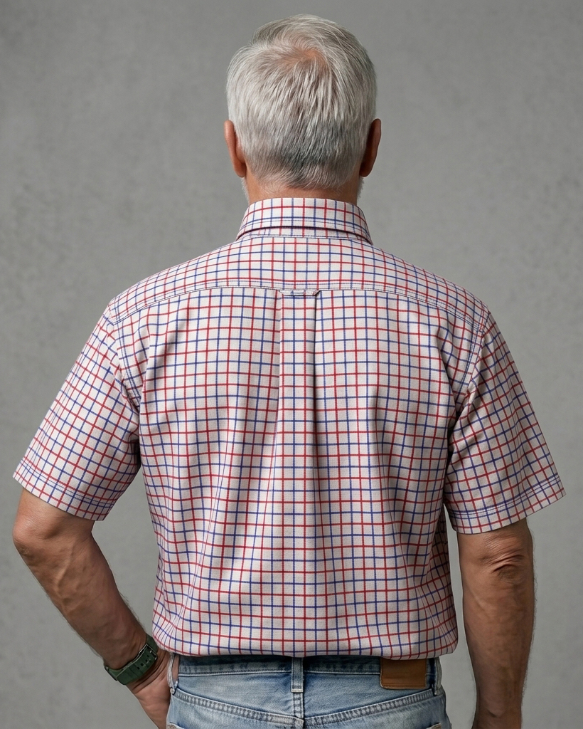 Men's Red Blue White Relaxed Fit Retro Style Windowpane Plaid Print Short Sleeve Button-down Shirt