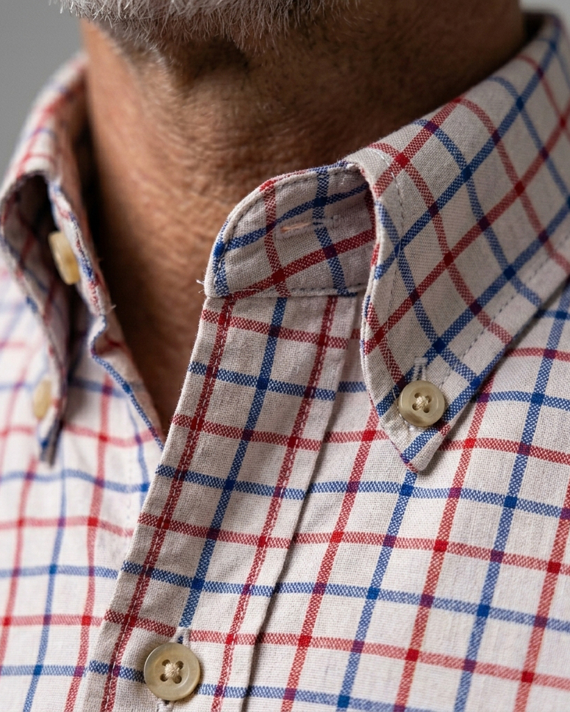Men's Red Blue White Relaxed Fit Retro Style Windowpane Plaid Print Short Sleeve Button-down Shirt