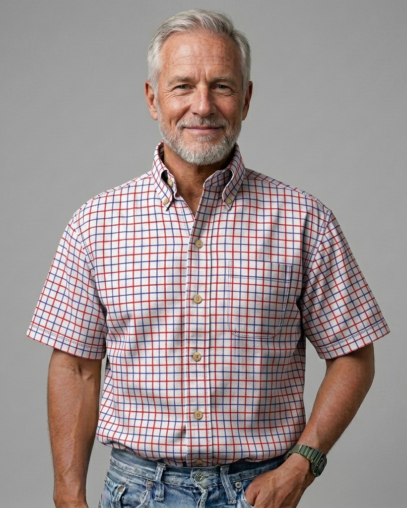 Men's Red Blue White Relaxed Fit Retro Style Windowpane Plaid Print Short Sleeve Button-down Shirt
