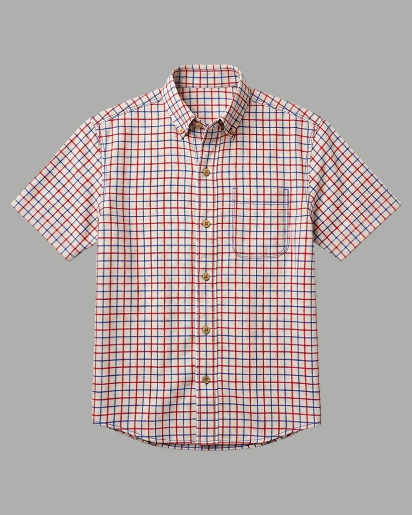 Men's Red Blue White Relaxed Fit Retro Style Windowpane Plaid Print Short Sleeve Button-down Shirt