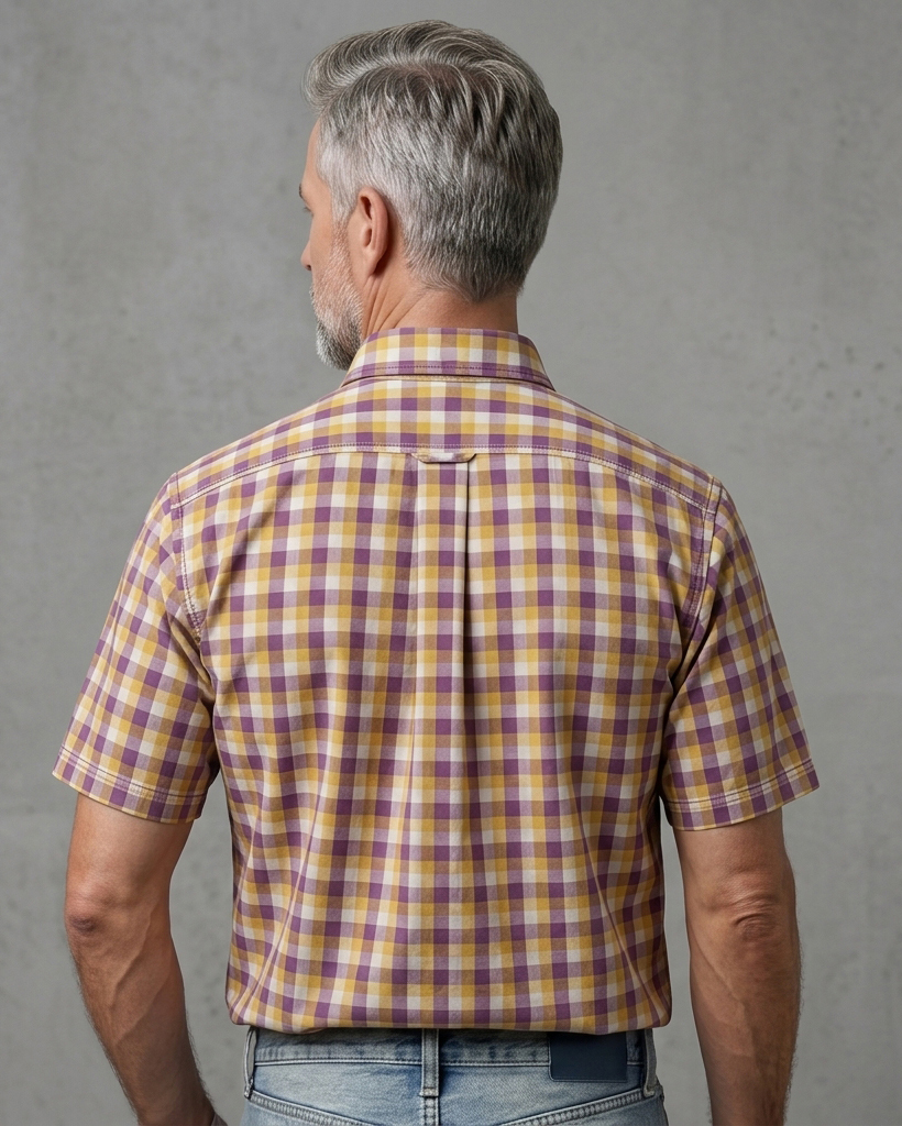 Men's Purple Gold White Classic Fit Vintage Style Gingham Check Print Short Sleeve Button-down Shirt