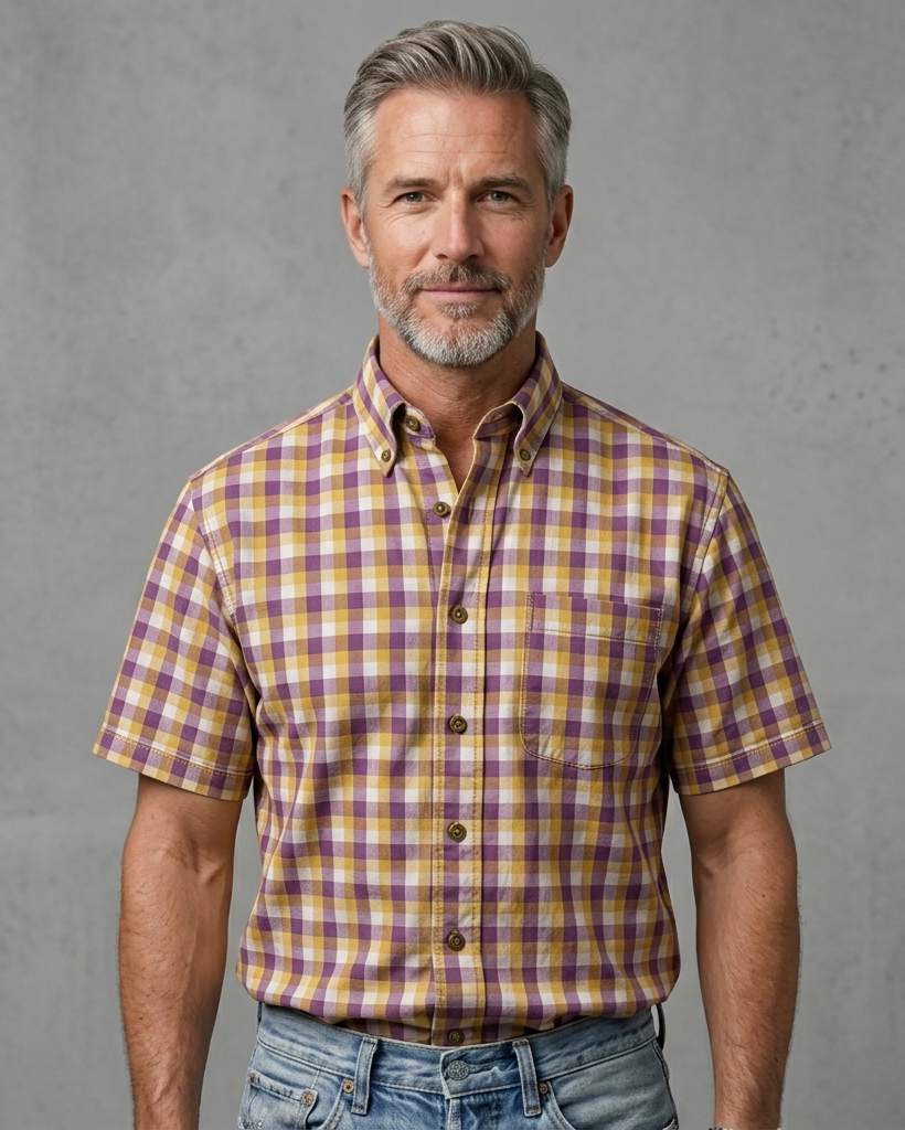 Men's Purple Gold White Classic Fit Vintage Style Gingham Check Print Short Sleeve Button-down Shirt