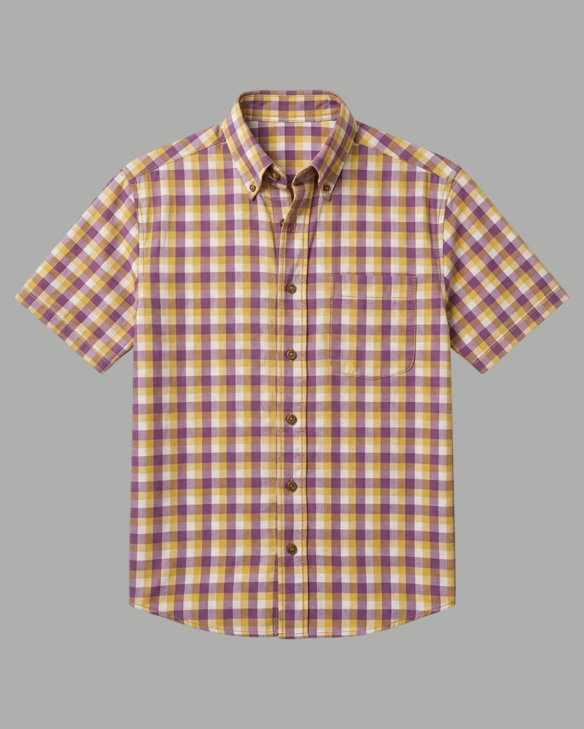 Men's Purple Gold White Classic Fit Vintage Style Gingham Check Print Short Sleeve Button-down Shirt