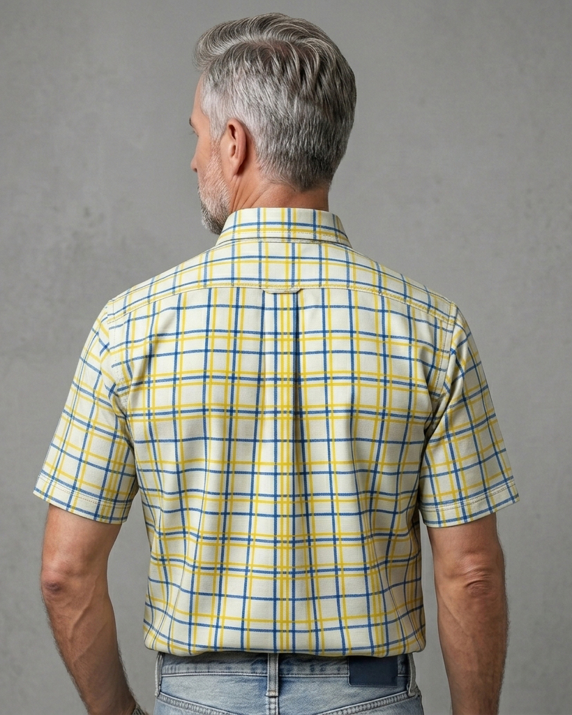 Men's Yellow Blue Beige Tailored Fit Casual Style Windowpane Plaid Print Short Sleeve Button-down Shirt