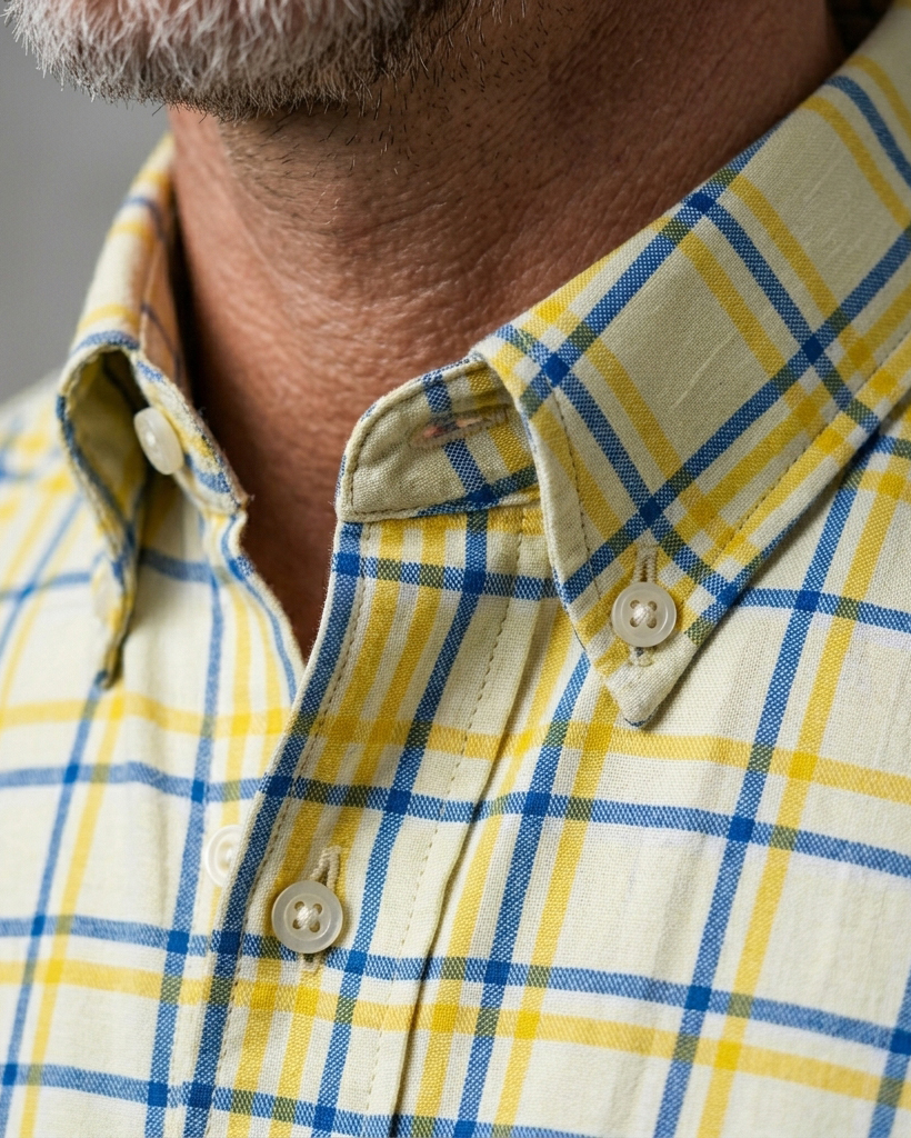 Men's Yellow Blue Beige Tailored Fit Casual Style Windowpane Plaid Print Short Sleeve Button-down Shirt