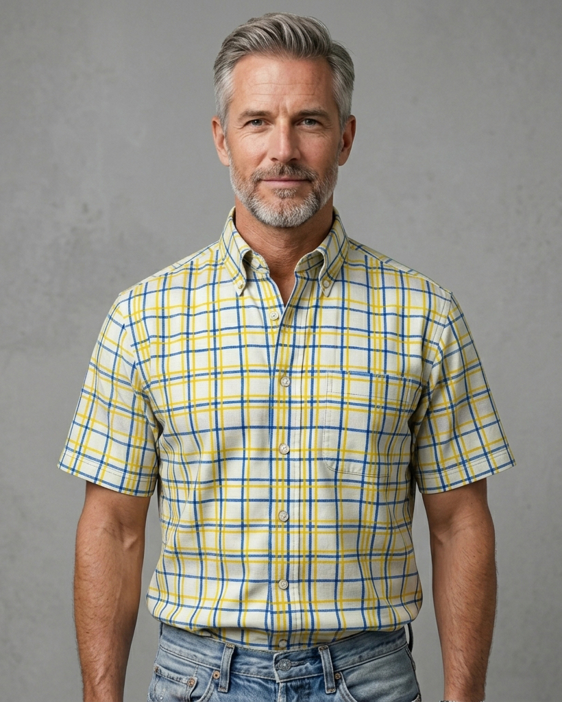Men's Yellow Blue Beige Tailored Fit Casual Style Windowpane Plaid Print Short Sleeve Button-down Shirt