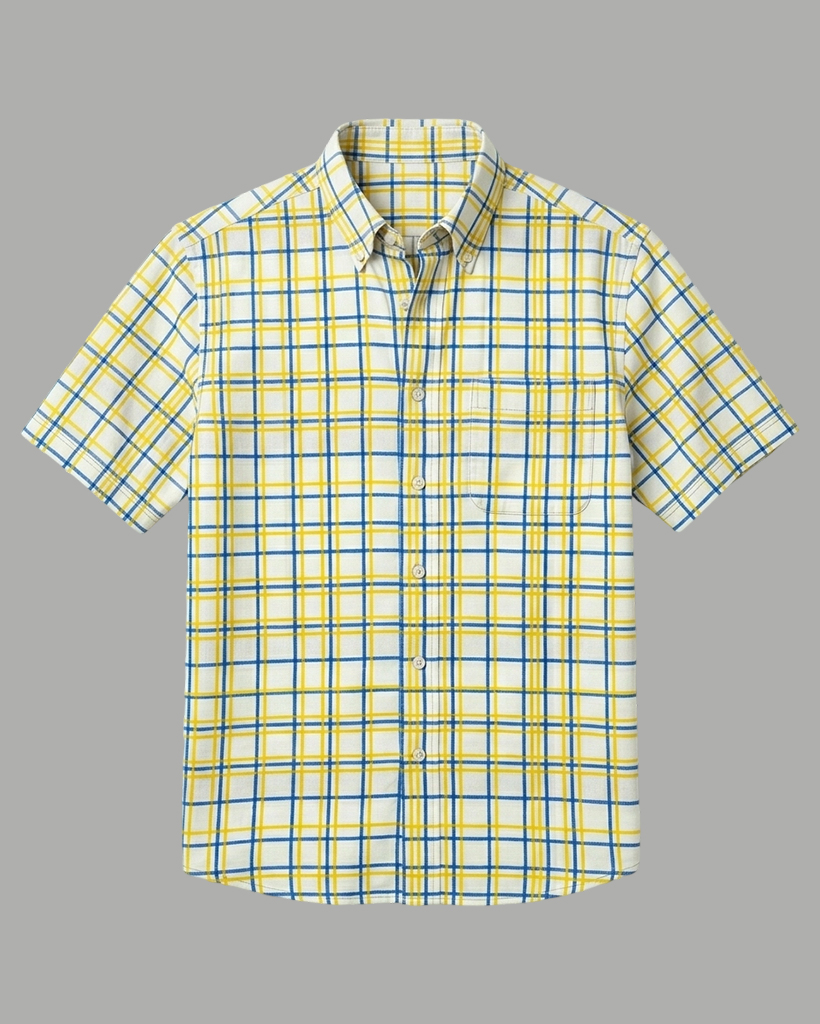 Men's Yellow Blue Beige Tailored Fit Casual Style Windowpane Plaid Print Short Sleeve Button-down Shirt