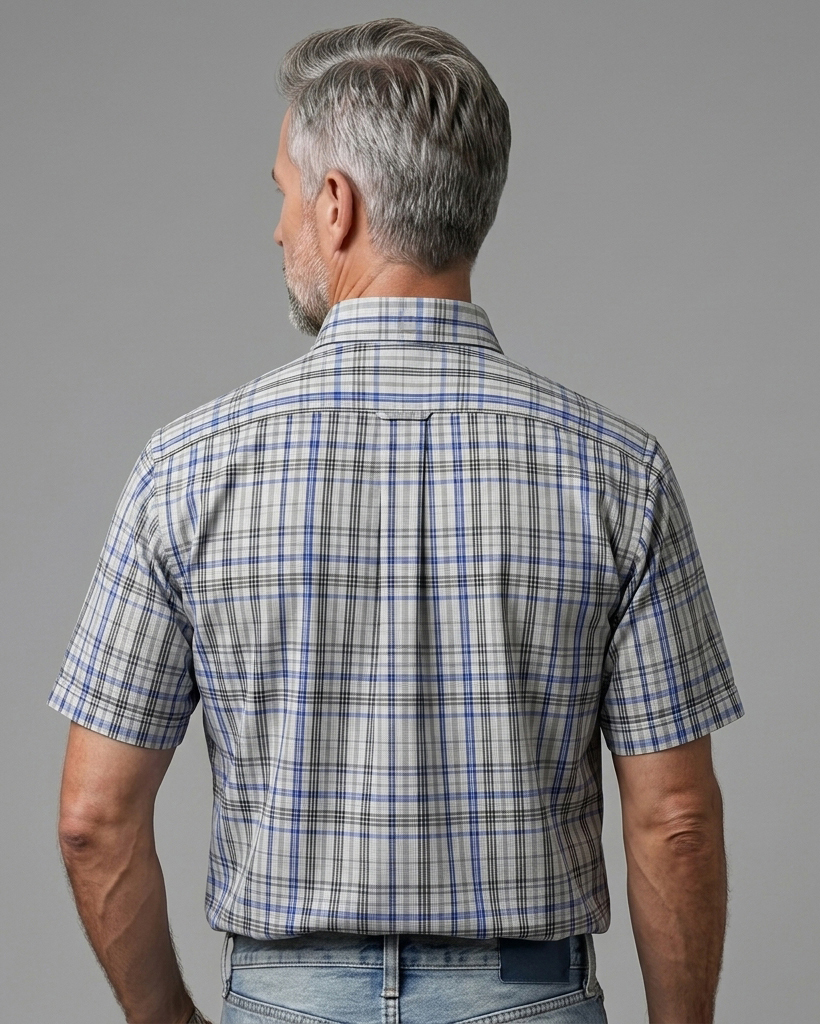 Men's Blue Black White Comfort Fit Smart Casual Style Multi-line Plaid Print Short Sleeve Button-down Shirt