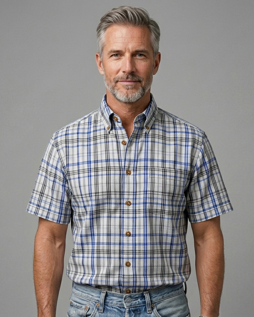 Men's Blue Black White Comfort Fit Smart Casual Style Multi-line Plaid Print Short Sleeve Button-down Shirt