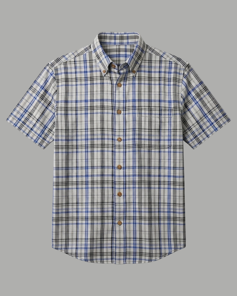 Men's Blue Black White Comfort Fit Smart Casual Style Multi-line Plaid Print Short Sleeve Button-down Shirt